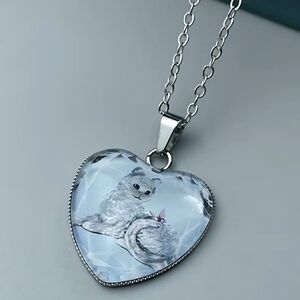 Heart-Shaped Silver Cat Pendant Necklace
